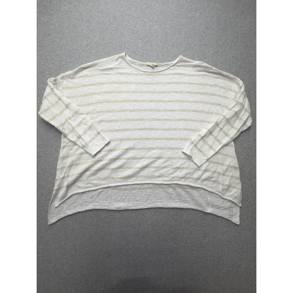 Eileen Fisher Sweater Womens Large White Linen Cotton Stripe Boatneck Knit